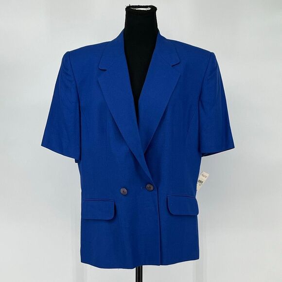 NWT TALBOTS Women Blazer Sz 14 Blue Short Sleeve Italian Fabric Double Breasted - Picture 1 of 15